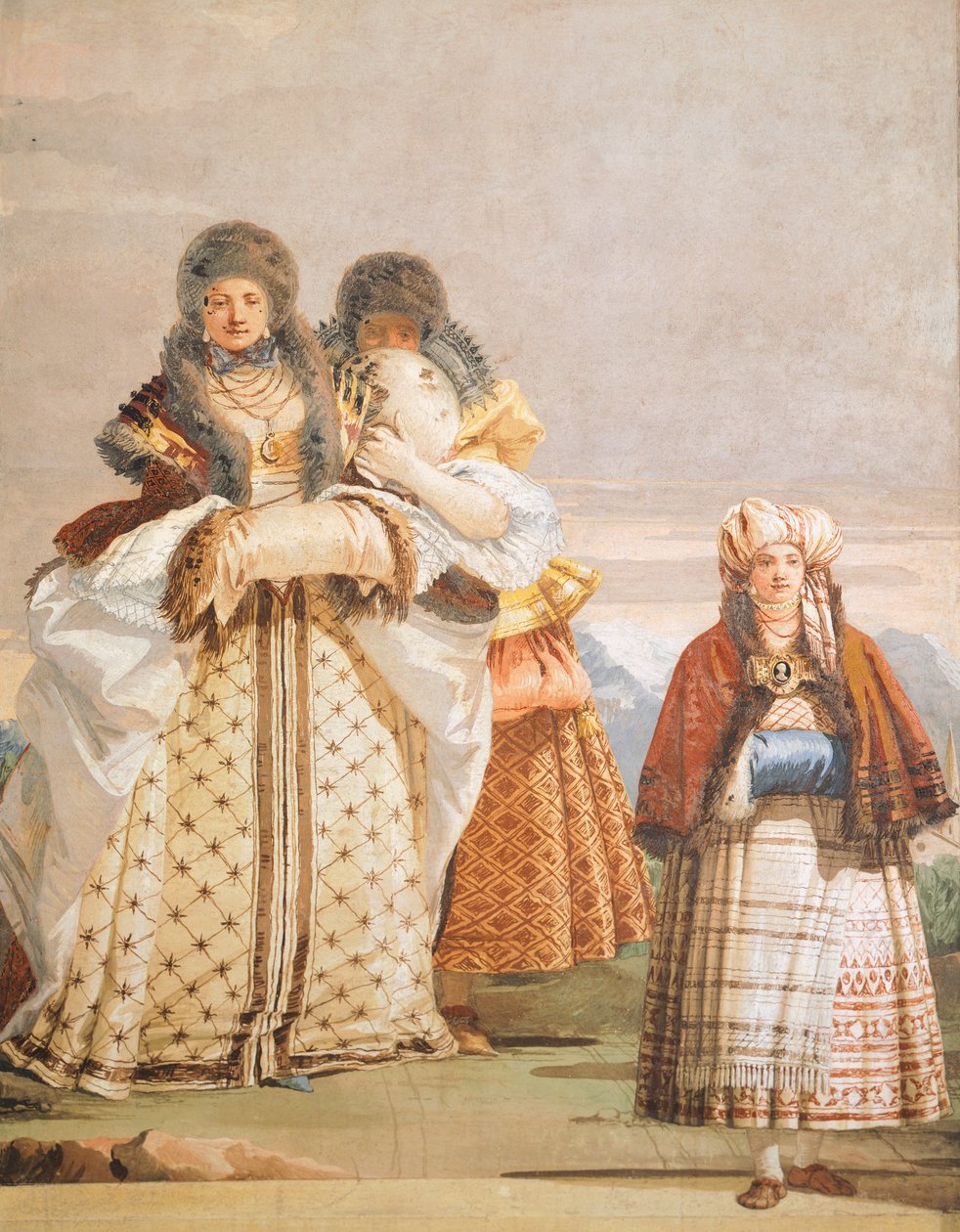 冬季漫步，Giambattista Tiepolo（1696-1770），壁画，细节，哥特式房间，Villa Valmarana ai Nani 的客房，意大利维琴察 作者 乔凡尼·巴蒂斯塔·提埃波罗