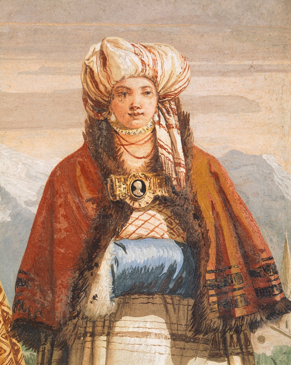 冬季漫步，Giambattista Tiepolo（1696-1770），壁画，细节，哥特式房间，Villa Valmarana ai Nani 的客房，意大利维琴察 作者 乔凡尼·巴蒂斯塔·提埃波罗