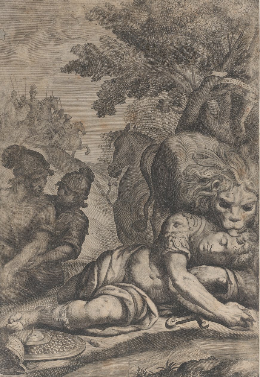 一头狮子在右边的倒下的骑士之上，左边是另外两个士兵，1640-70年。 作者 乔瓦尼·巴蒂斯塔·博纳西纳
