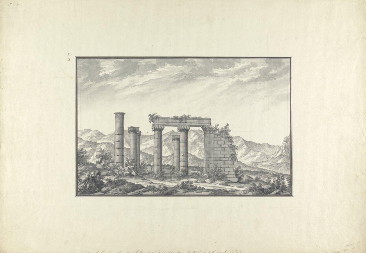 在Sardis的一个离子寺庙的废墟的看法，可能是海王星寺庙，c.1750（灰色洗涤，钢笔＆墨水和铅笔在纸上） 作者 乔瓦尼·巴蒂斯塔·博拉