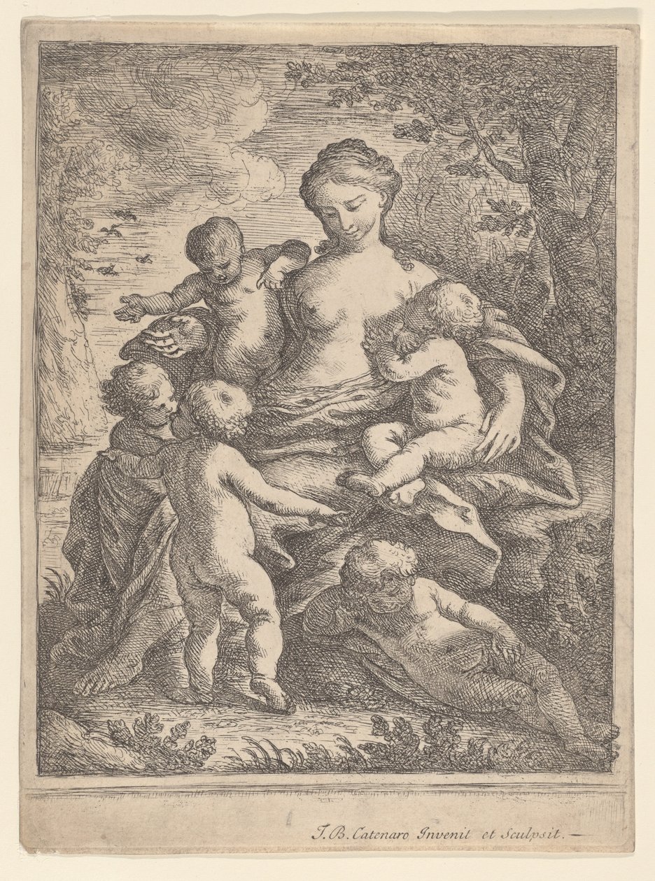 慈善，坐在风景中，周围有五个裸体的孩子，1692-1727。 作者 乔瓦尼·巴蒂斯塔·卡特纳罗