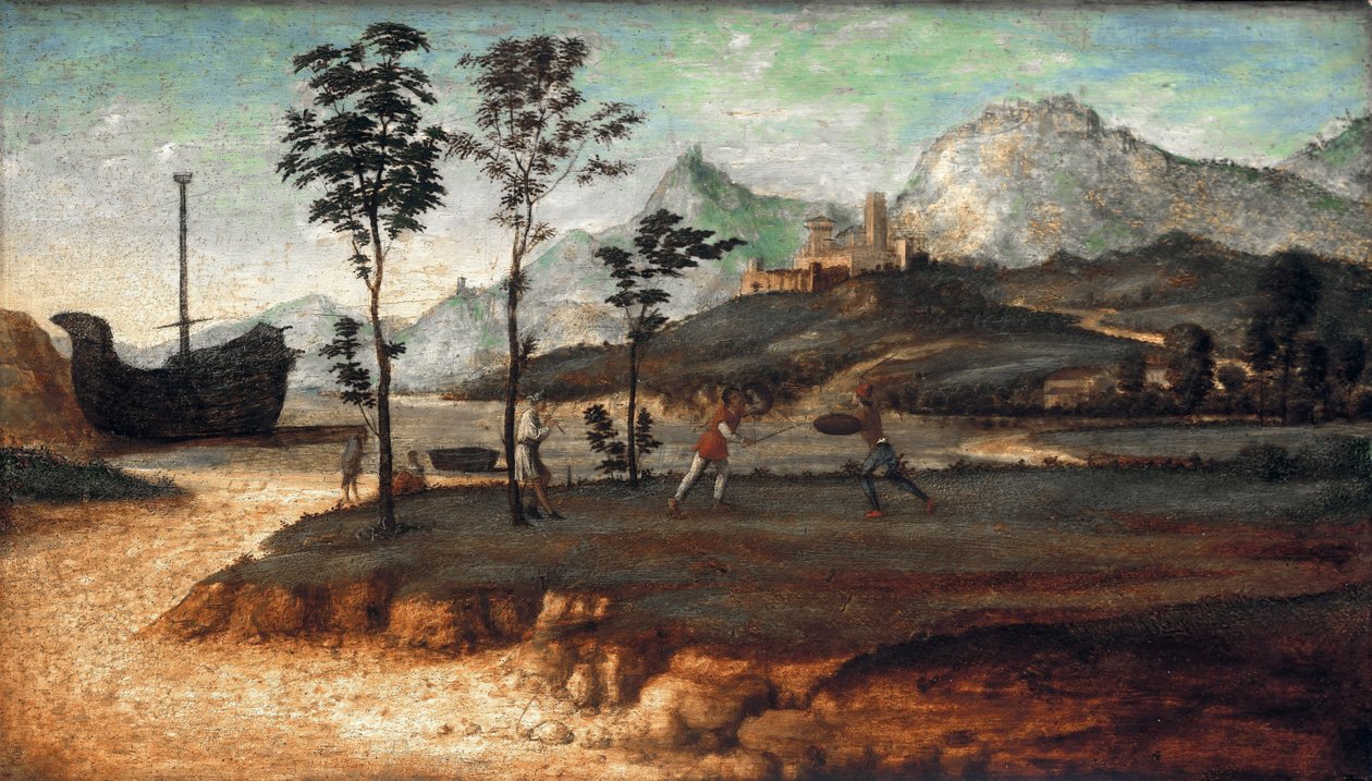 与两名男子战斗的沿海景观，c。 1510 作者 乔瓦尼·巴蒂斯塔·西玛·达·科内利亚诺