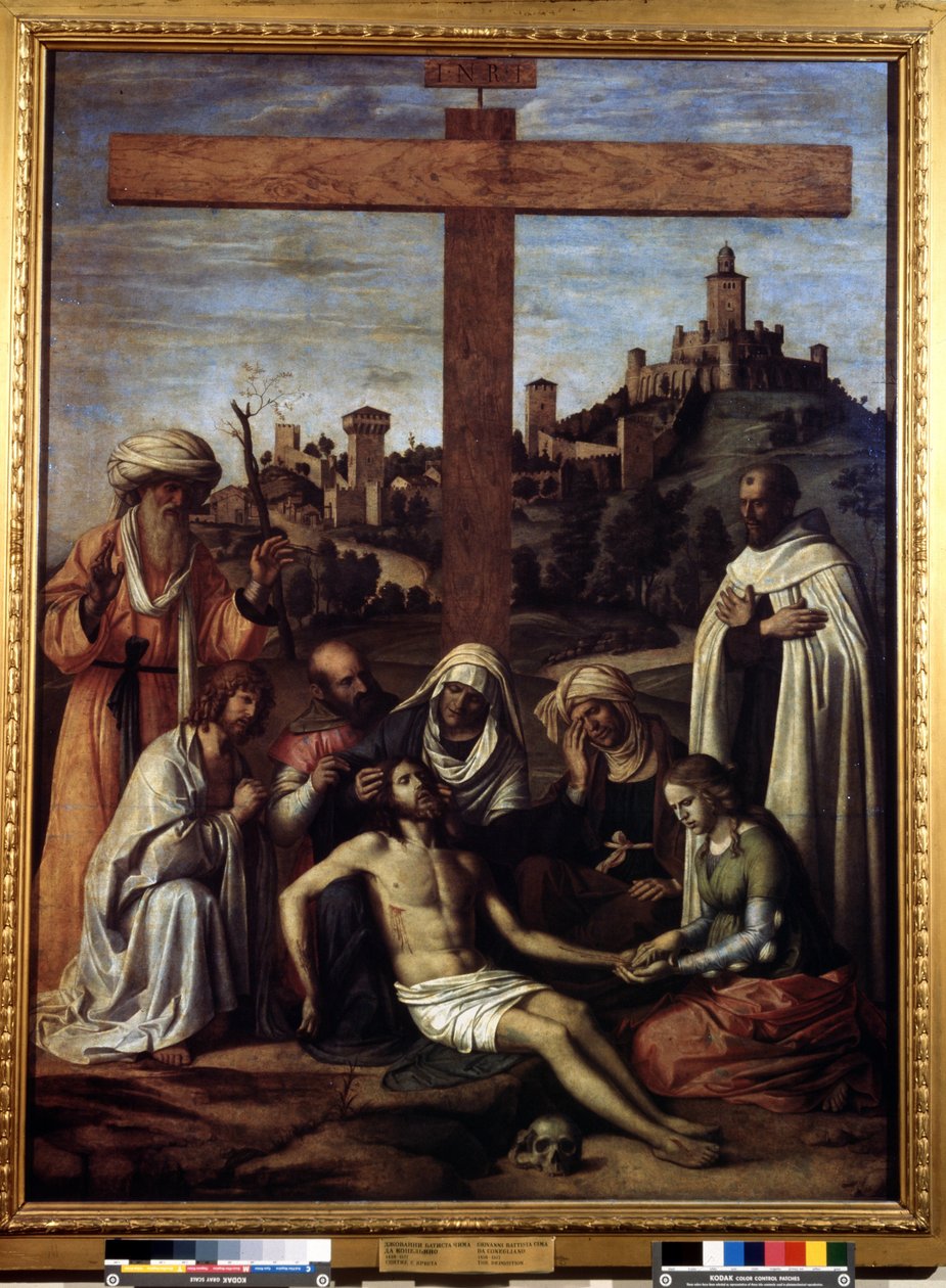"La deposition" 羊角上刻有 "INRI "字样。乔瓦尼-巴蒂斯塔-西马-达-科内利亚诺（1459-1517 年）的绘画作品 16 世纪 尺寸 199x148 厘米 莫斯科波奇金博物馆 作者 乔瓦尼·巴蒂斯塔·西玛·达·科内利亚诺