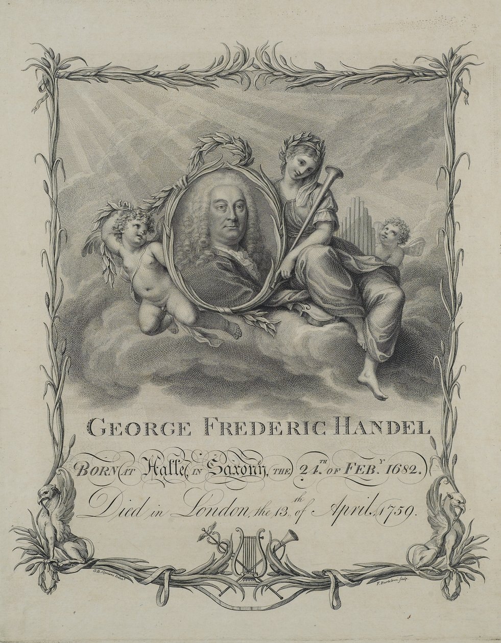 George Frideric Handel，由Francesco Bartolozzi（1727-1815）雕刻，1790年 作者 乔凡尼·巴蒂斯塔·西普里亚尼