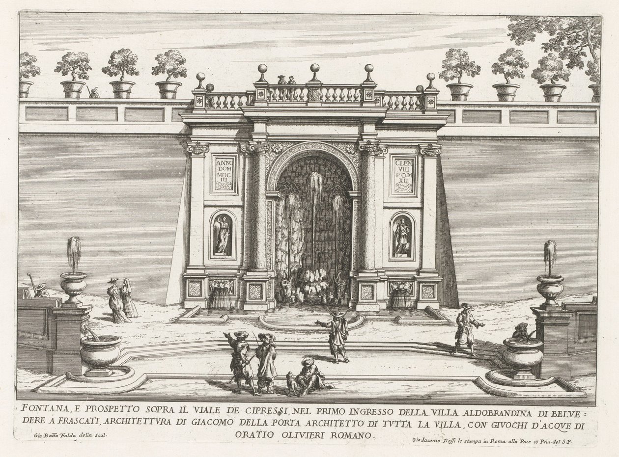 Fontein in de tuinen van de Villa Aldobrandini te Frascati
喷泉和柏树林荫道上的立面（......）（文物标题）
弗拉斯卡蒂别墅中的喷泉（系列标题）
弗拉斯卡蒂的喷泉（系列标题） 作者 乔瓦尼·巴蒂斯塔·法尔达