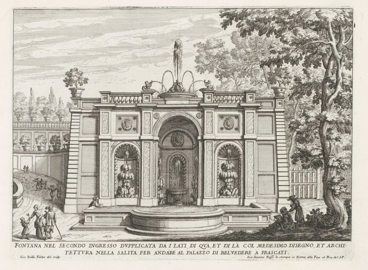 Fontein in de tuinen van de Villa Aldobrandini te Frascati
第二入口处的喷泉 dupplicata da i lati (...) （物品上的标题）
弗拉斯卡蒂别墅中的喷泉（系列标题）
弗拉斯卡蒂的喷泉（系列标题） 作者 乔瓦尼·巴蒂斯塔·法尔达