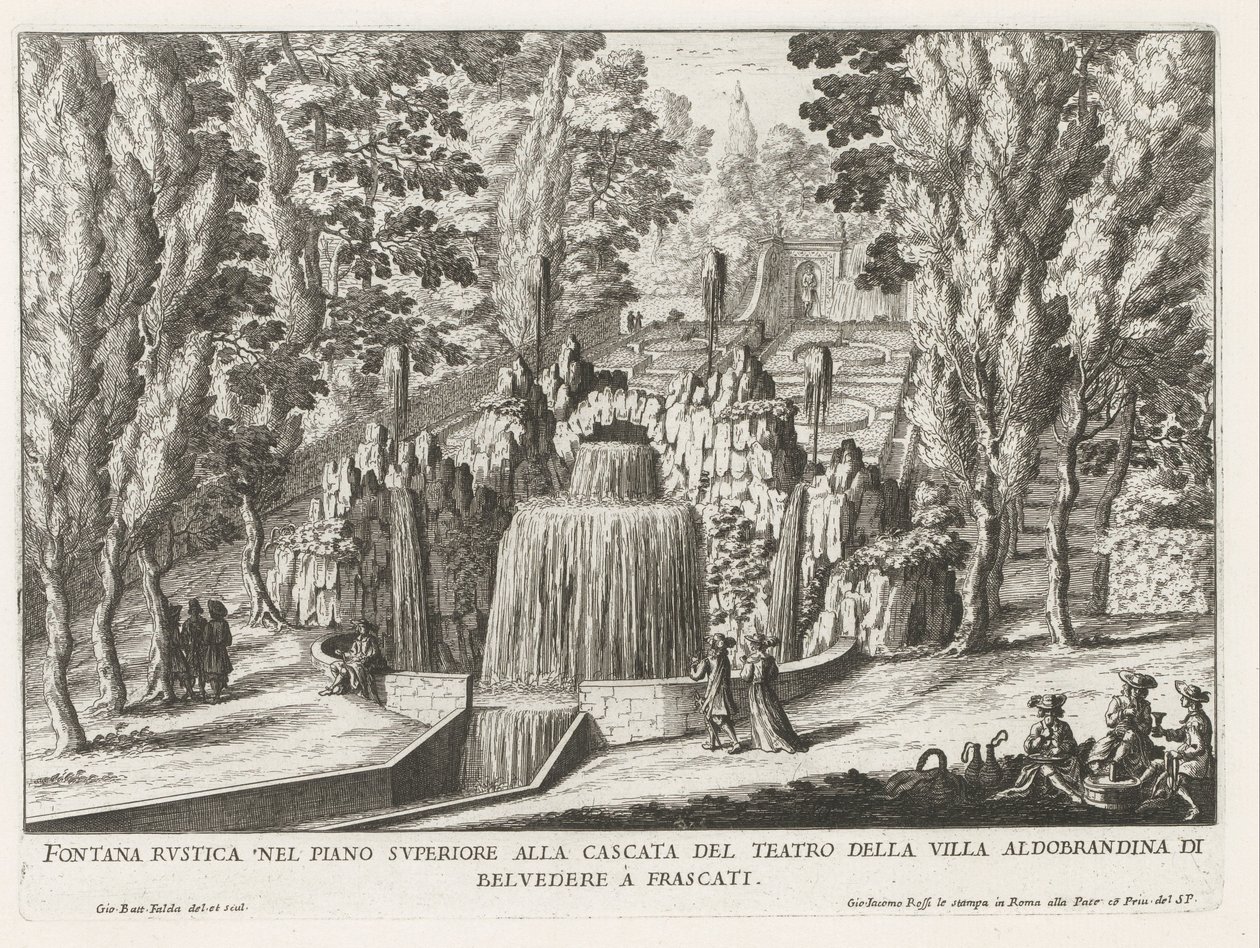Fontein in de tuinen van de Villa Aldobrandini te Frascati
剧院瀑布上层的乡村喷泉（......）（实物标题）
弗拉斯卡蒂别墅中的喷泉（系列标题）
弗拉斯卡蒂的喷泉（系列标题） 作者 乔瓦尼·巴蒂斯塔·法尔达