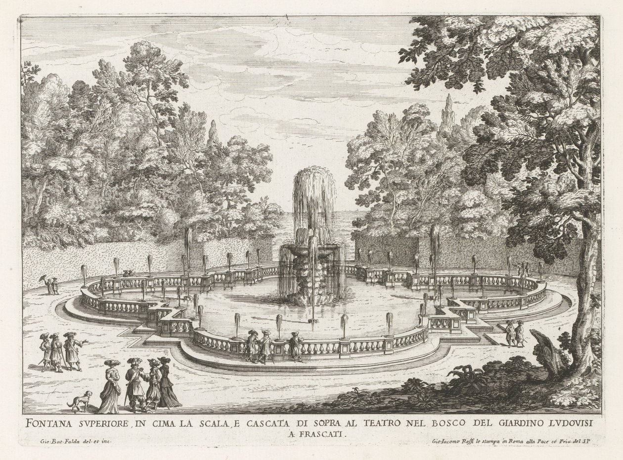 Fontein in de tuinen van de Villa Torlonia te Frascati
阶梯顶端的上部喷泉和剧院上方的瀑布（......）（物品上的标题）
弗拉斯卡蒂别墅中的喷泉（系列标题）
弗拉斯卡蒂的喷泉（系列标题） 作者 乔瓦尼·巴蒂斯塔·法尔达