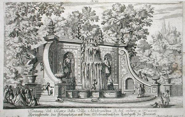 弗拉斯卡蒂Aldobrandina别墅的剧院喷泉，约1675年，来自1687年前出版的《Le Fontane》（雕刻）。 作者 乔瓦尼·巴蒂斯塔·法尔达