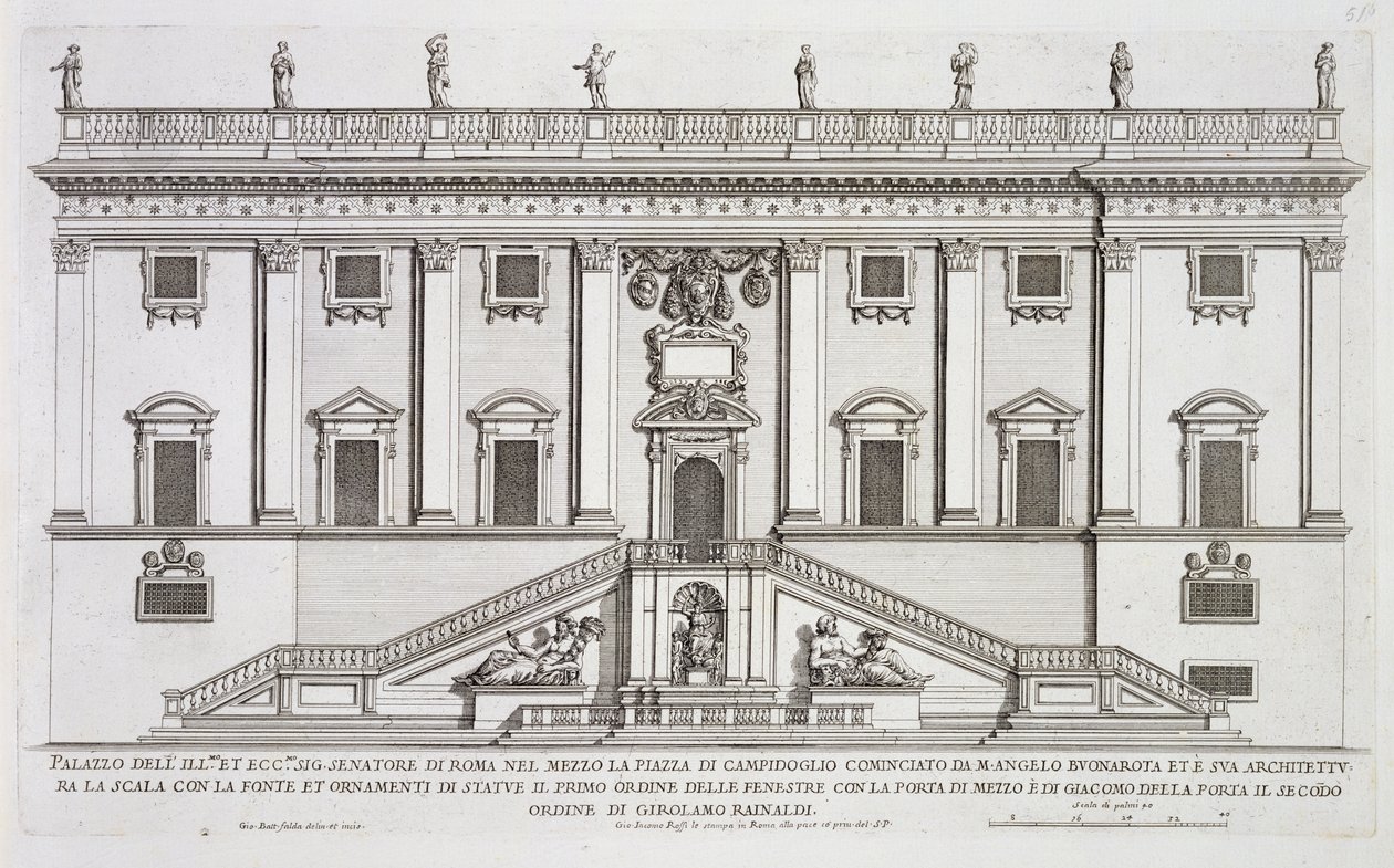 Palazzo Senatorio门面的视图在Piazza del Campidoglio，罗马，由米开朗基罗Buonarroti（1475-1564）开始并且由Girolamo Rainaldi完成（1570-1655） 作者 乔瓦尼·巴蒂斯塔·法尔达