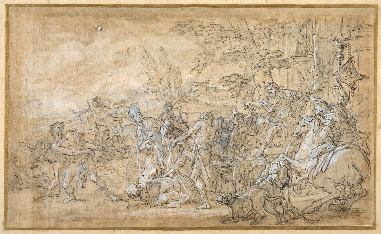 Captives, including a bishop, dragged and bound before the triumphal car of a Roman general (pen & brown ink, pen heightened with white body colour, over preliminaries in black chalk on cream paper) 作者 乔瓦尼·巴蒂斯塔·莱纳迪