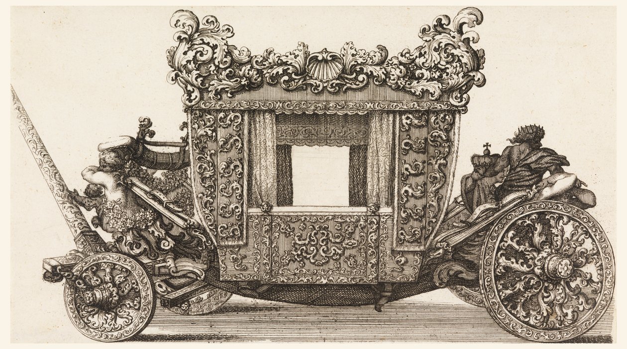 卡斯特尔曼勋爵的第一辆马车（1686 年）侧视图，由安德烈亚-科尔内利于 1686 年仿照西罗-费里（1687-1700 年）建造 作者 乔瓦尼·巴蒂斯塔·莱纳迪