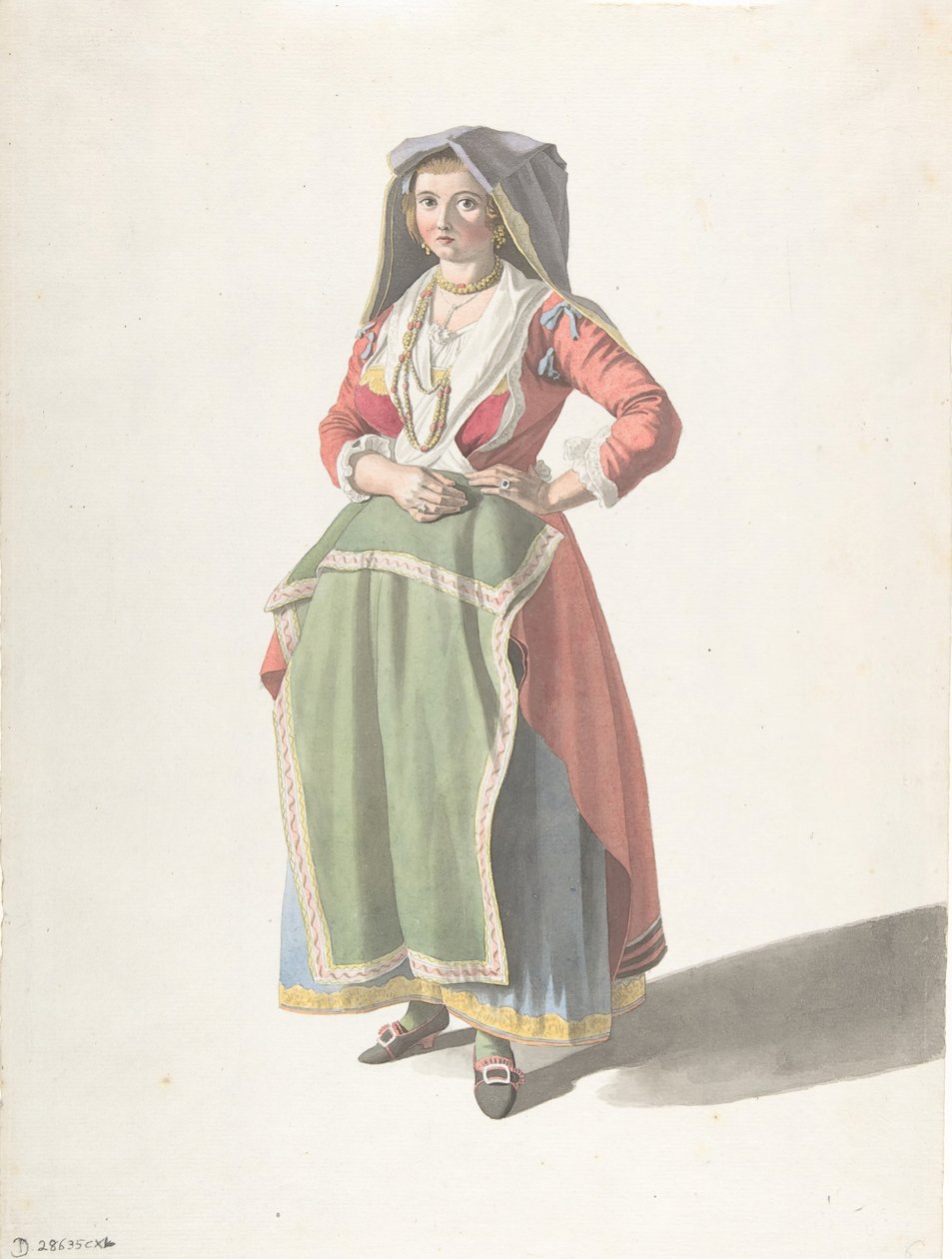 站在传统那不勒斯服饰中的年轻女子，约1775-1821年。 作者 乔凡尼·巴蒂斯塔·卢西耶里