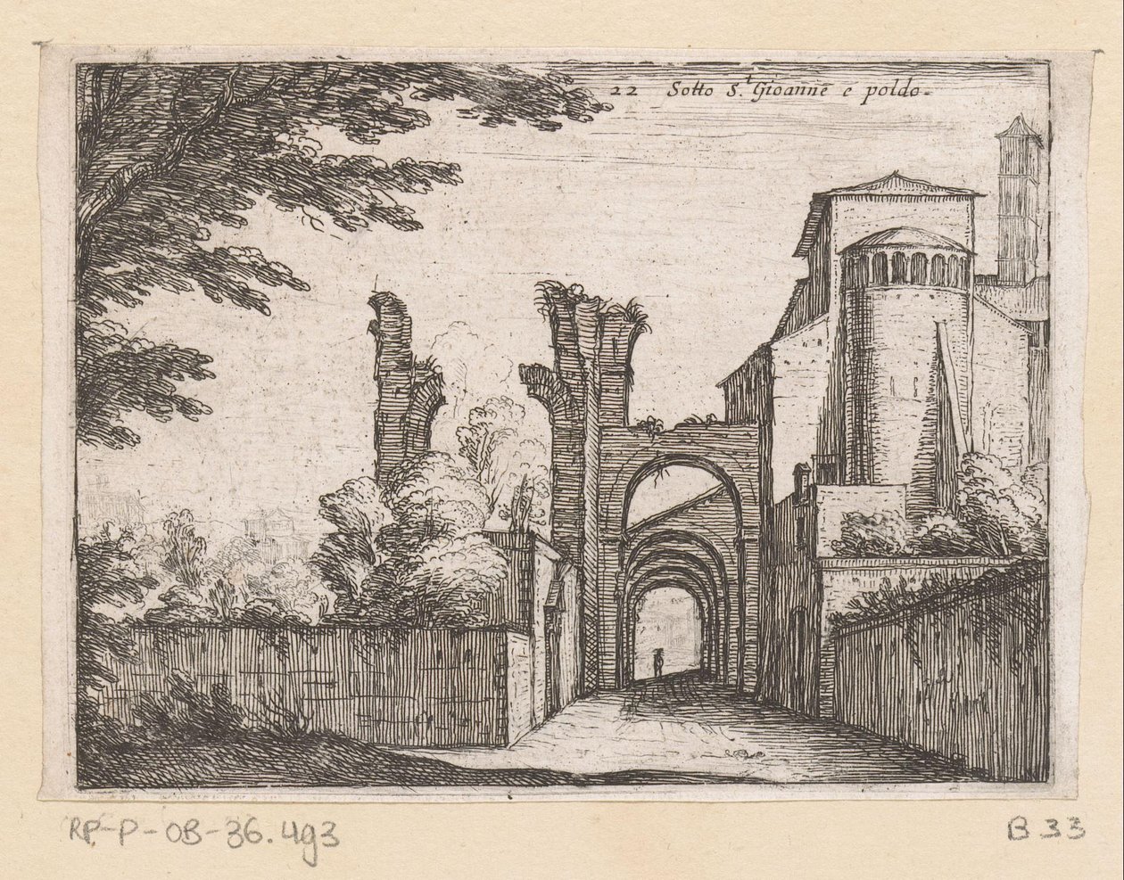 Clivus Scauri en de Santi Giovanni e Paolo
Sotto S.t Gioanne e poldo（物品上的标题）
Gezichten op Rome（系列标题）
Alcune vedute et prospettive di luoghi dishabitati di Roma（系列标题） 作者 乔瓦尼·巴蒂斯塔（Giovanni Battista Mercati）