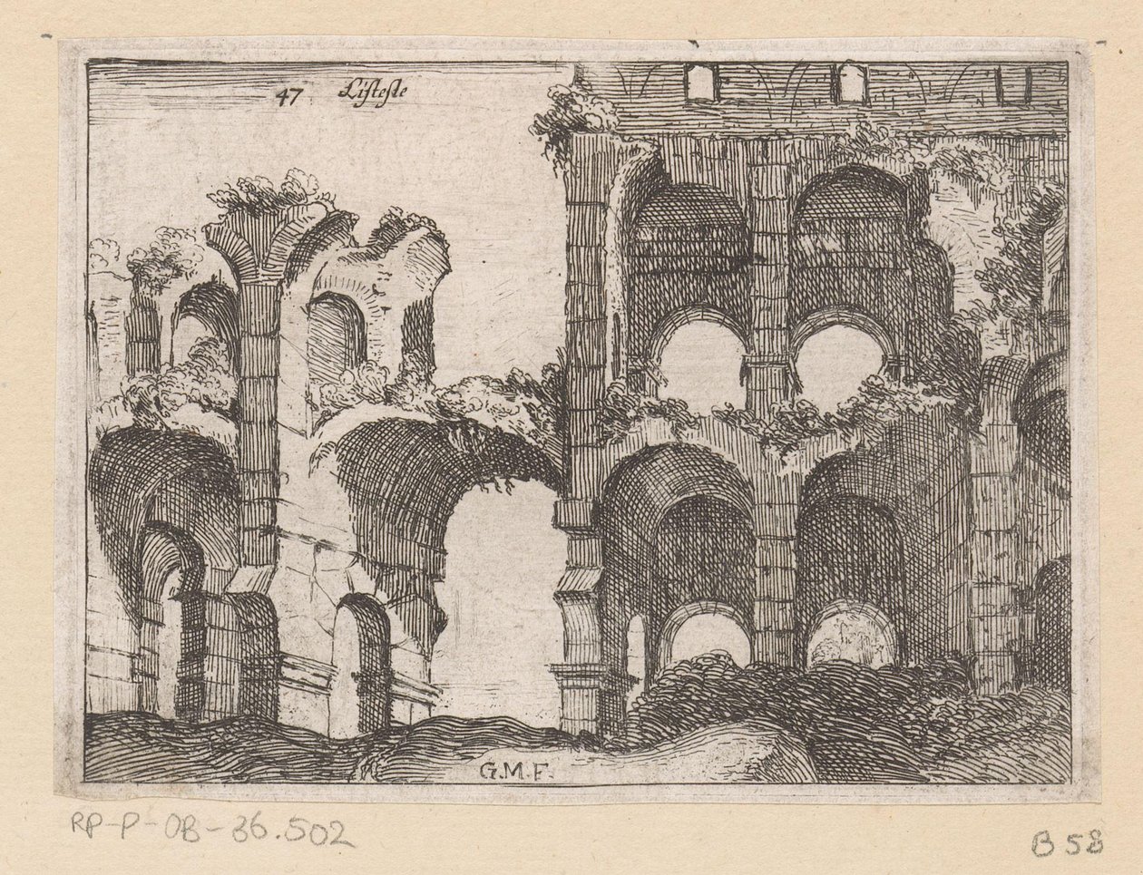 罗马斗兽场遗址
Listesso（物品标题）
Gezichten op Rome（系列标题）
Alcune vedute et prospettive di luoghi dishabitati di Roma（系列标题） 作者 乔瓦尼·巴蒂斯塔（Giovanni Battista Mercati）