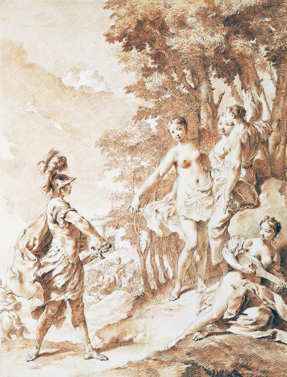乔瓦尼-巴蒂斯塔-皮亚泽塔（Giovanni Battista Piazzetta）（1682-1754）的《托尔卡托-塔索的耶路撒冷》中的场景，塔克罗迪在魔法森林的门槛上，充满了激情 作者 乔凡尼·巴蒂斯塔·皮亚泽塔