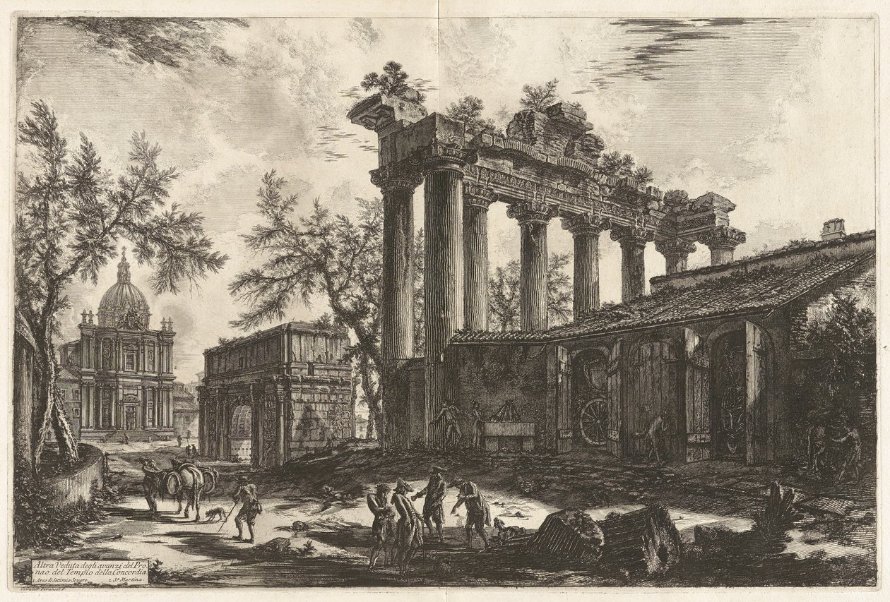 Altra Veduta degli avanzi del Pronao del Tempio del Concordia（协和神庙普罗纳奥斯遗迹的另一视角[左侧背景为带有塞普蒂米乌斯-塞维鲁拱门的土星神庙]），选自 Vedute di Roma（《罗马景观》）。 作者 乔凡尼·巴蒂斯塔·皮拉涅西