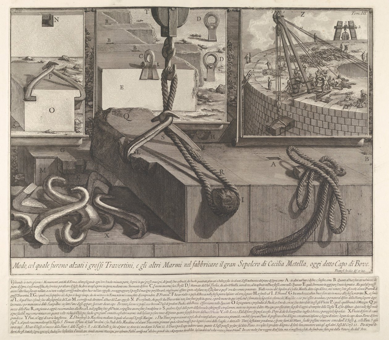 示范面板，展示了用于提高石灰华和大理石砌块的技术，1756年。 作者 乔凡尼·巴蒂斯塔·皮拉涅西