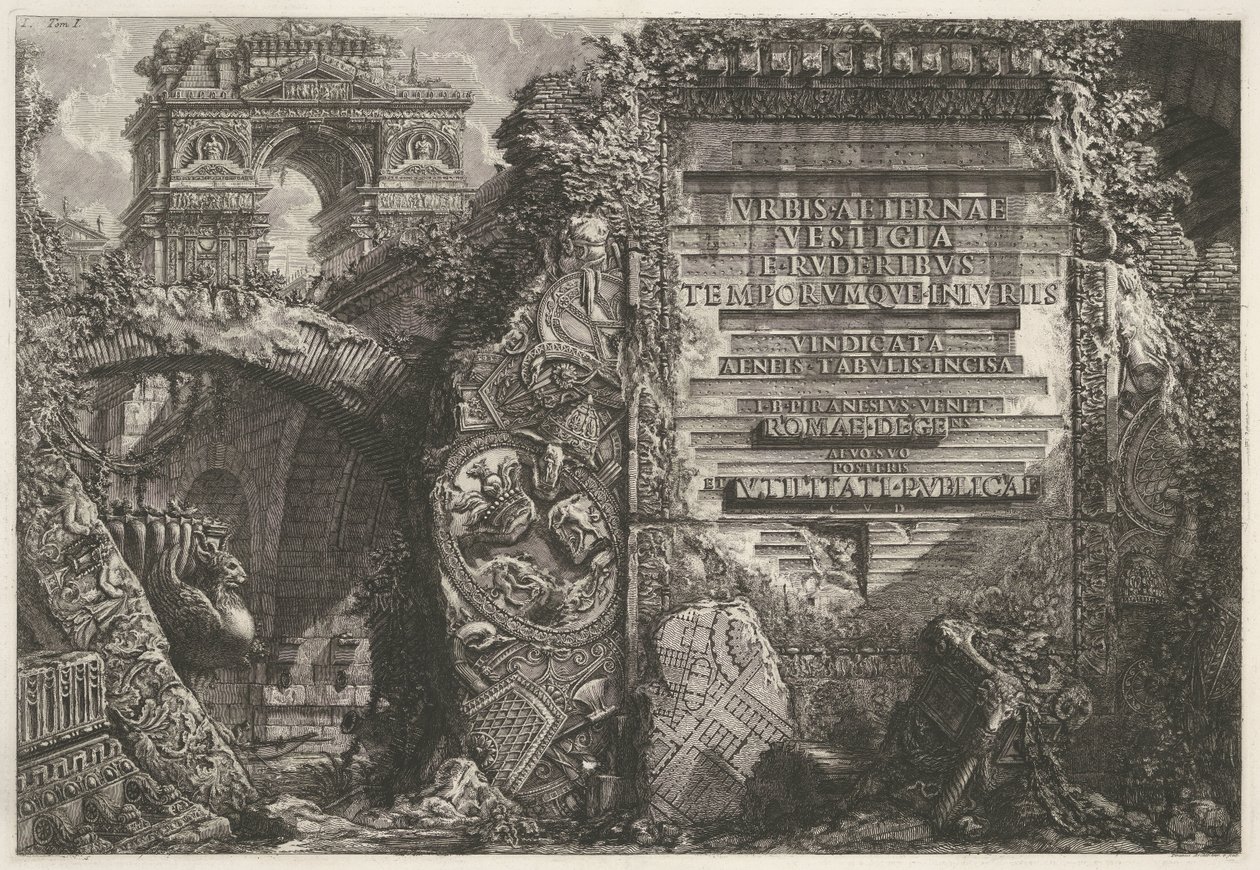 展示古代遗迹和凯旋门的正面插图
Le Antichità Romane》第一卷封面插图
Urbis aeternae vestigia e r uderibus temporumque iniriis vindicata aeneis tabulis incisa I. B. Pranesius Venet Romae degens aevo suo posteris et utilitati 作者 乔凡尼·巴蒂斯塔·皮拉涅西