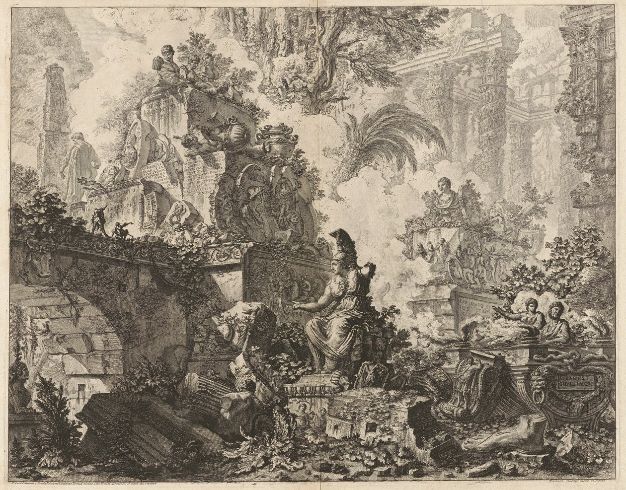 序片，废墟幻想，前景中央为密涅瓦雕像，选自 Vedute di Roma（《罗马风光》）。 作者 乔凡尼·巴蒂斯塔·皮拉涅西