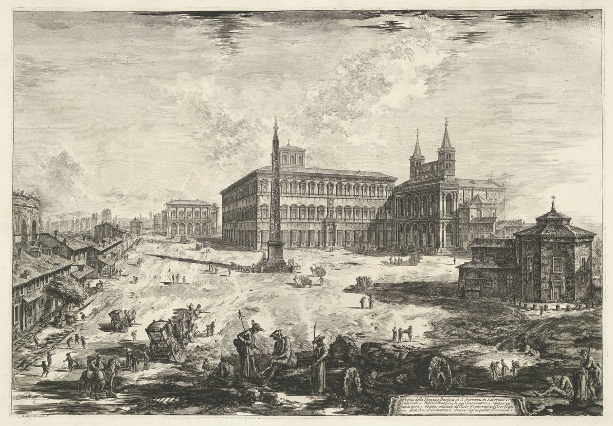 Gezicht op het Lateraan te Rome met de Sint-Jan van Lateranen
Veduta della Piazza, e Basilica di S. Giovanni in Laterano（物品上的标题）
Gezichten op Rome（系列标题）
詹巴蒂斯塔-皮拉内西（Giambattista Piranesi）绘制并雕刻的罗马风景图。 作者 乔凡尼·巴蒂斯塔·皮拉涅西