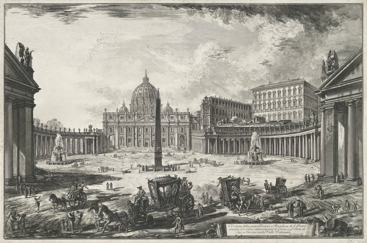 梵蒂冈城圣彼得广场和圣彼得大教堂景观
Veduta della gran Piazza e Basilica di S. Pietr（......）（标题在对象上）
罗马风光（系列名称）
皮拉内西（Giambattista Piranesi）雕刻的罗马风景图 作者 乔凡尼·巴蒂斯塔·皮拉涅西
