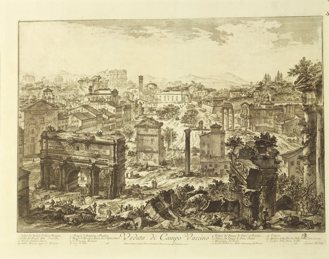 意大利，罗马，Campo Vaccino（罗马广场）与Septimius Severus拱门的景色（雕刻）。 作者 乔凡尼·巴蒂斯塔·皮拉涅西