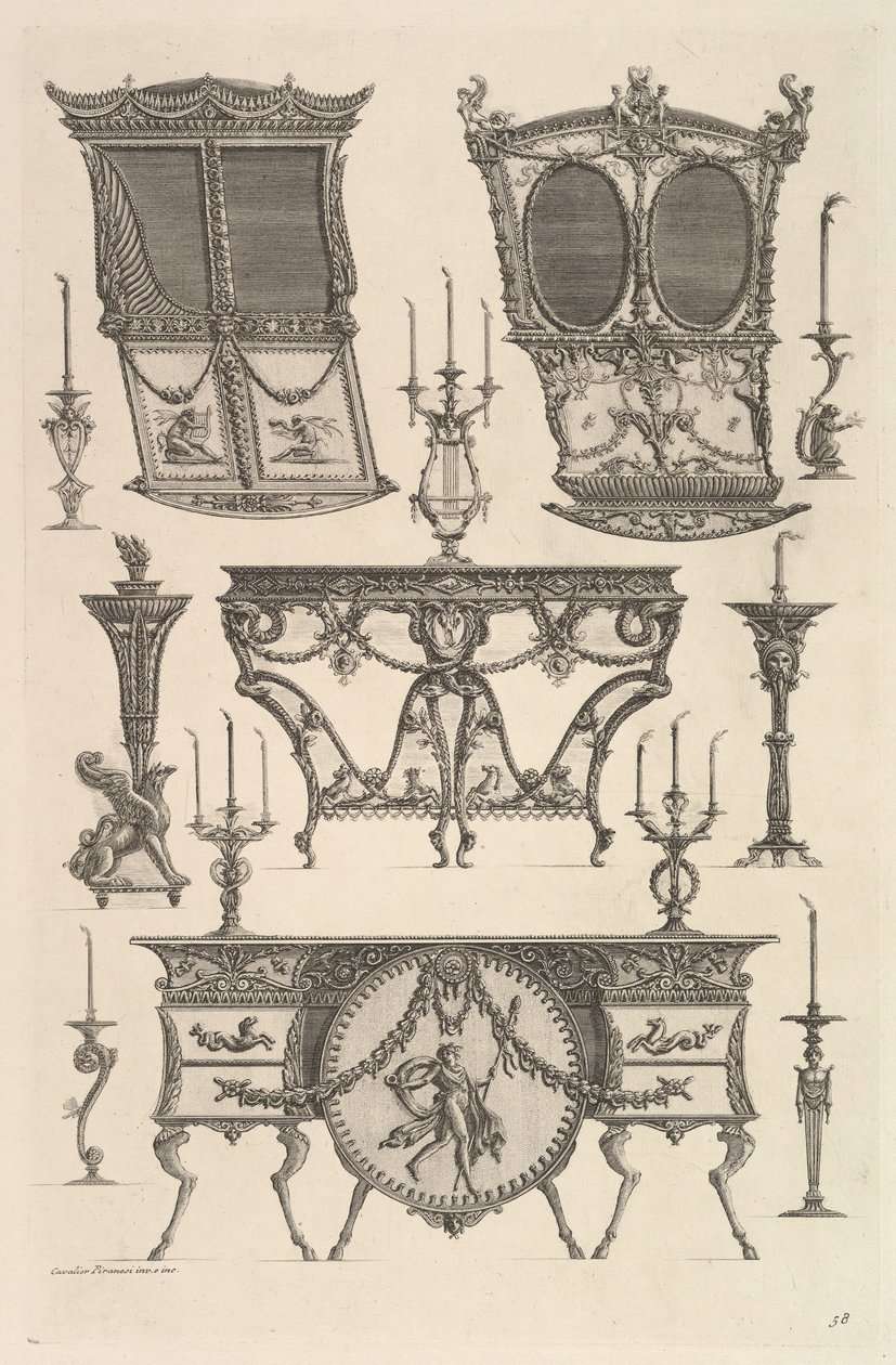 杂项家具，包括两把轿车椅子，一张边桌和一个座厕Deux家具，约... 1769年。 作者 乔凡尼·巴蒂斯塔·皮拉涅西