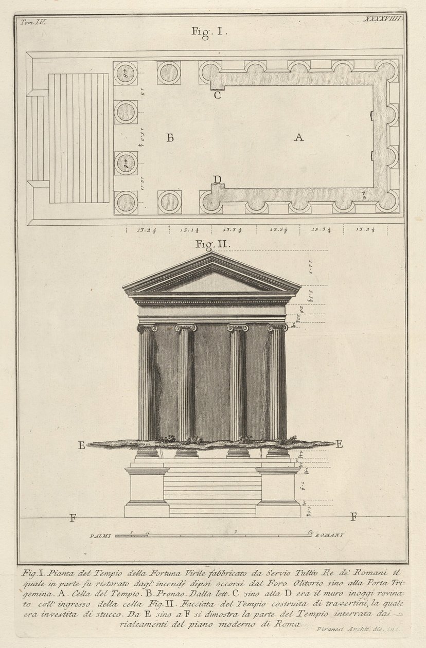 从1756年开始建造的Fortuna Virilis Tempio della Fortuna Virile神庙的平面图和正面。 作者 乔凡尼·巴蒂斯塔·皮拉涅西