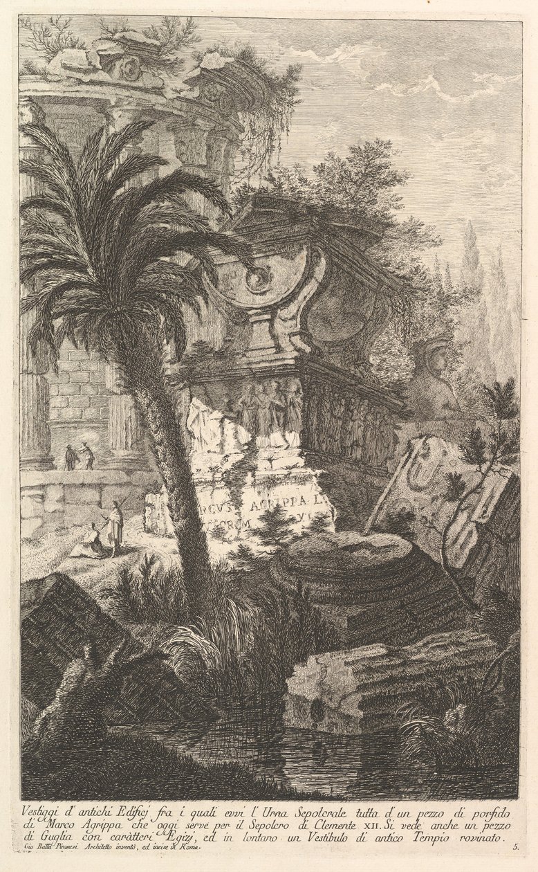 马库斯·阿格里帕（Marcus Agrippa）的坟墓中遗存着古老的建筑物，大约... 1750。 作者 乔凡尼·巴蒂斯塔·皮拉涅西