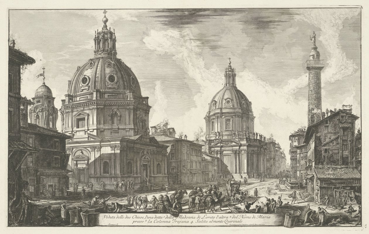 Santa Maria di Loreto en de Santissimo Nome di Maria te Rome（罗马圣母玛利亚教堂
Veduta delle due Chiese (...) （物品标题）
Gezichten op Rome（系列标题）
建筑师皮拉内西（Giambattista Piranesi）绘制并雕刻的罗马风景（系列名称） 作者 乔凡尼·巴蒂斯塔·皮拉涅西