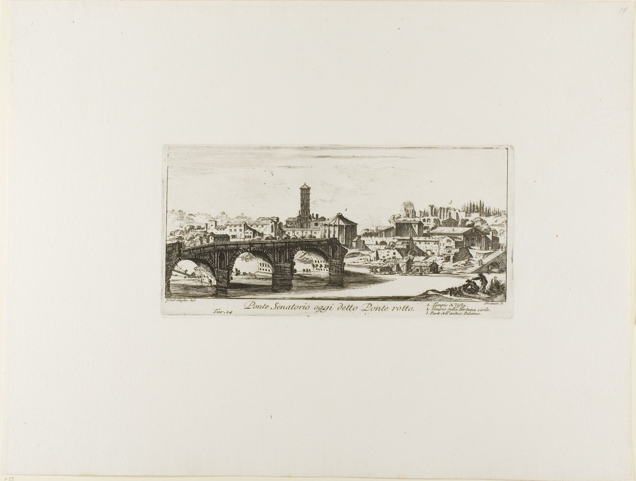 参议院桥，今称 Ponte Rotto [断桥]。1.维斯塔神庙。2.维利尔斯女神庙3.古帕拉丁宫的一部分，选自《凯旋门和其他古迹的一些景观》，图版 14 作者 乔凡尼·巴蒂斯塔·皮拉涅西