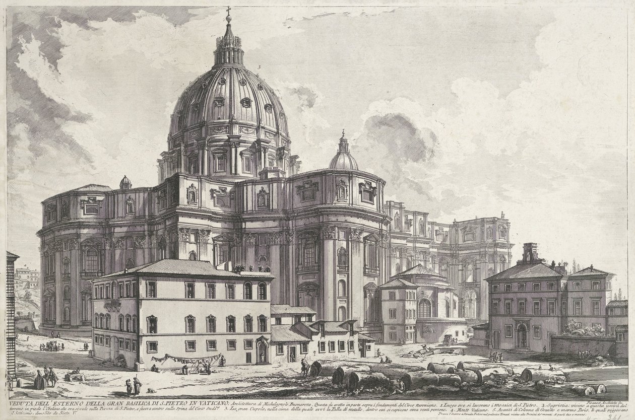 Sint-Pietersbasiliek vanaf Piazza della Sagrestia
梵蒂冈圣彼得大教堂外景（标题见实物）
罗马风景（系列标题）
建筑师皮拉内西（Giambattista Piranesi）绘制并雕刻的罗马风景图（系列标题 作者 乔凡尼·巴蒂斯塔·皮拉涅西