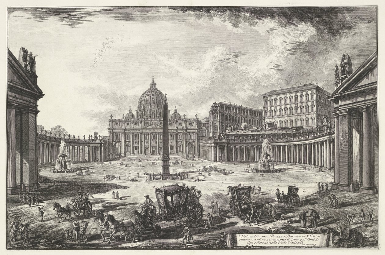 Sint-Pietersplein met de Sint-Pietersbasiliek te Vaticaanstad
大广场和圣彼得大教堂景观（......）（标题见实物）
罗马风光（系列标题）
建筑师皮拉内西（Giambattista Piranesi）绘制并雕刻的罗马风景。 作者 乔凡尼·巴蒂斯塔·皮拉涅西