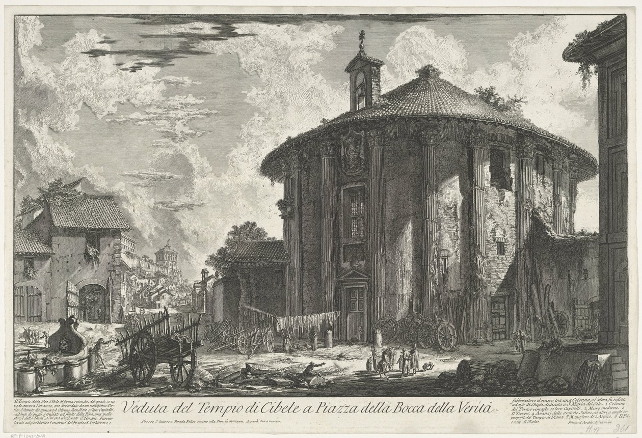 罗马大力士不败神殿 德拉博卡德拉维塔广场 (Piazza della Bocca della Verità) 的西布勒神庙 (Temple of Cybele) 景观（物品上的标题） Gezichten op Rome（系列标题） 由 Ve(nez)iano 建筑师 Giambattista Piranesi 绘制和雕刻的罗马景观（系列标题） 作者 乔凡尼·巴蒂斯塔·皮拉涅西