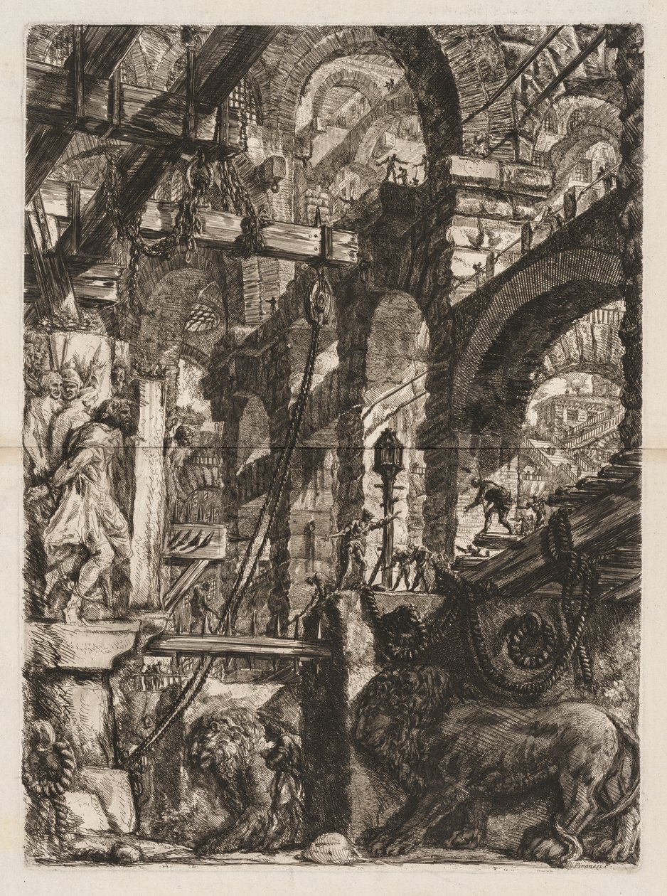 监狱：罗马拱门的透视，雕有两只狮子，in刻于...，1745-50。 作者 乔凡尼·巴蒂斯塔·皮拉涅西