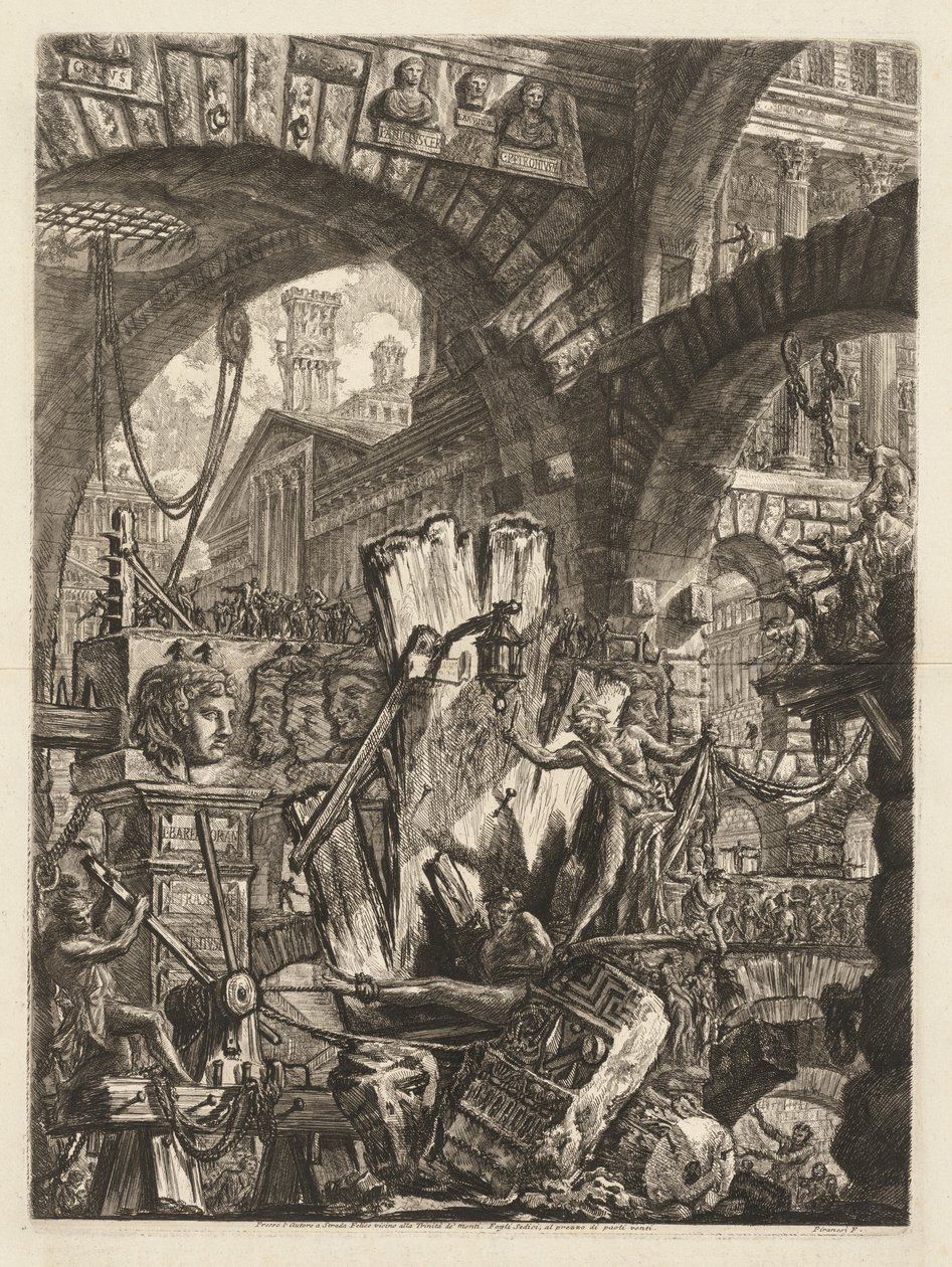 监狱：建筑纪念章，与一个在前景中的岩石上的人在一起，1745-50。 作者 乔凡尼·巴蒂斯塔·皮拉涅西