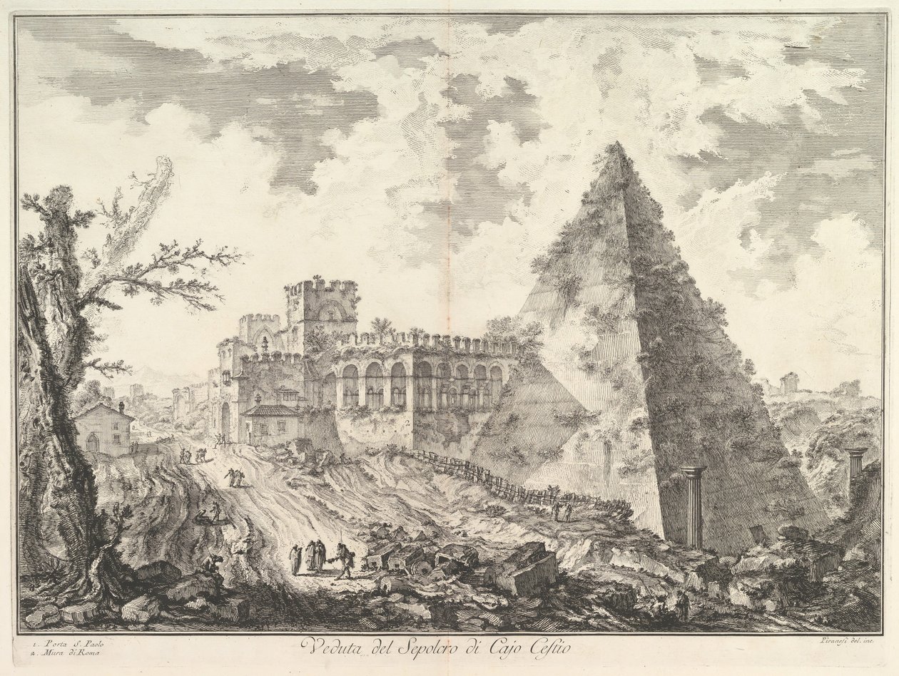 Caius Cestius金字塔，与Porta S. Paolo和毗连的Veduta del S ...，ca。 1755年。 作者 乔凡尼·巴蒂斯塔·皮拉涅西