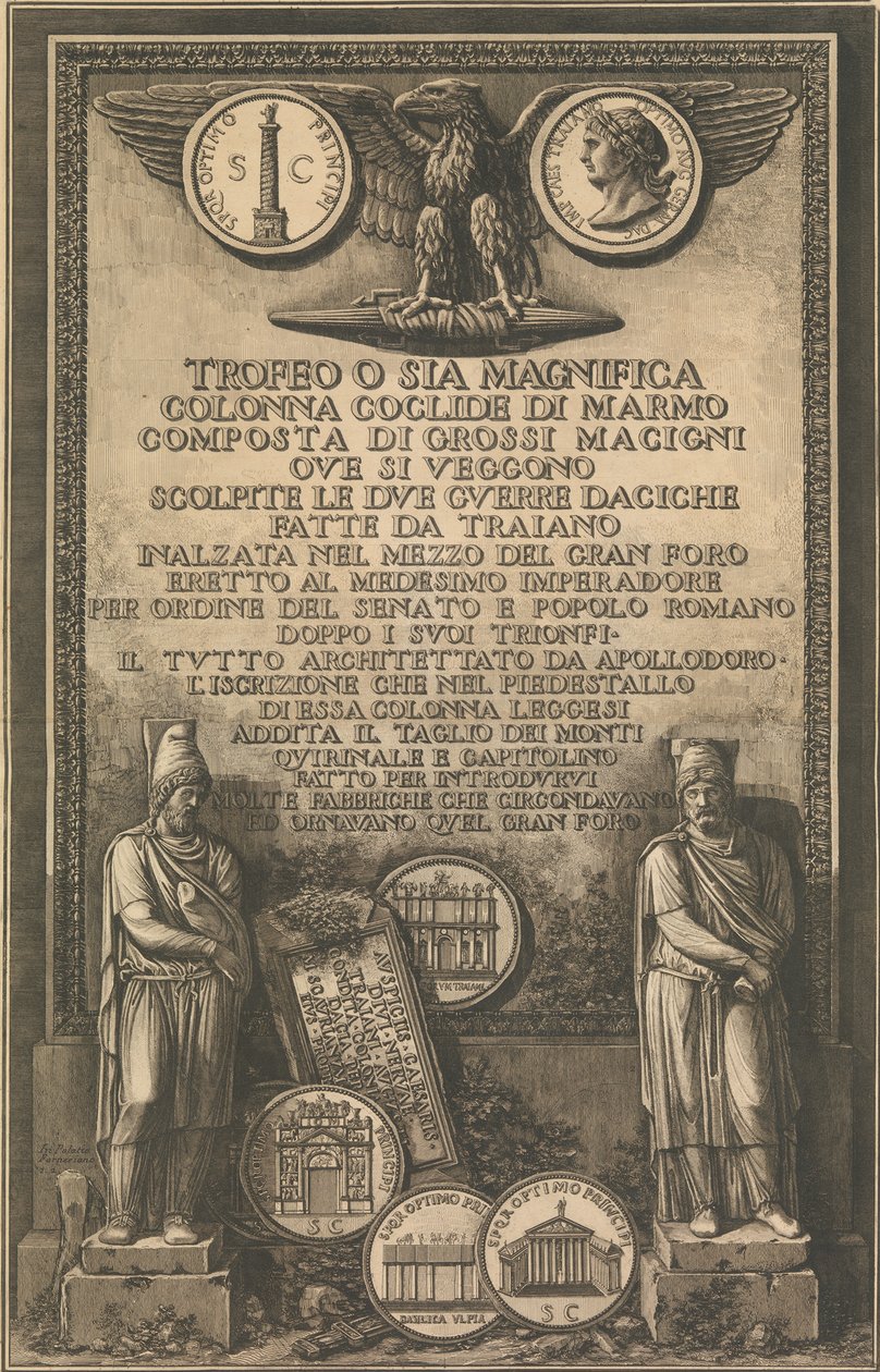 有鹰的扉页，显示图拉真之柱图像的硬币，古典雕塑，1774-79。 作者 乔凡尼·巴蒂斯塔·皮拉涅西