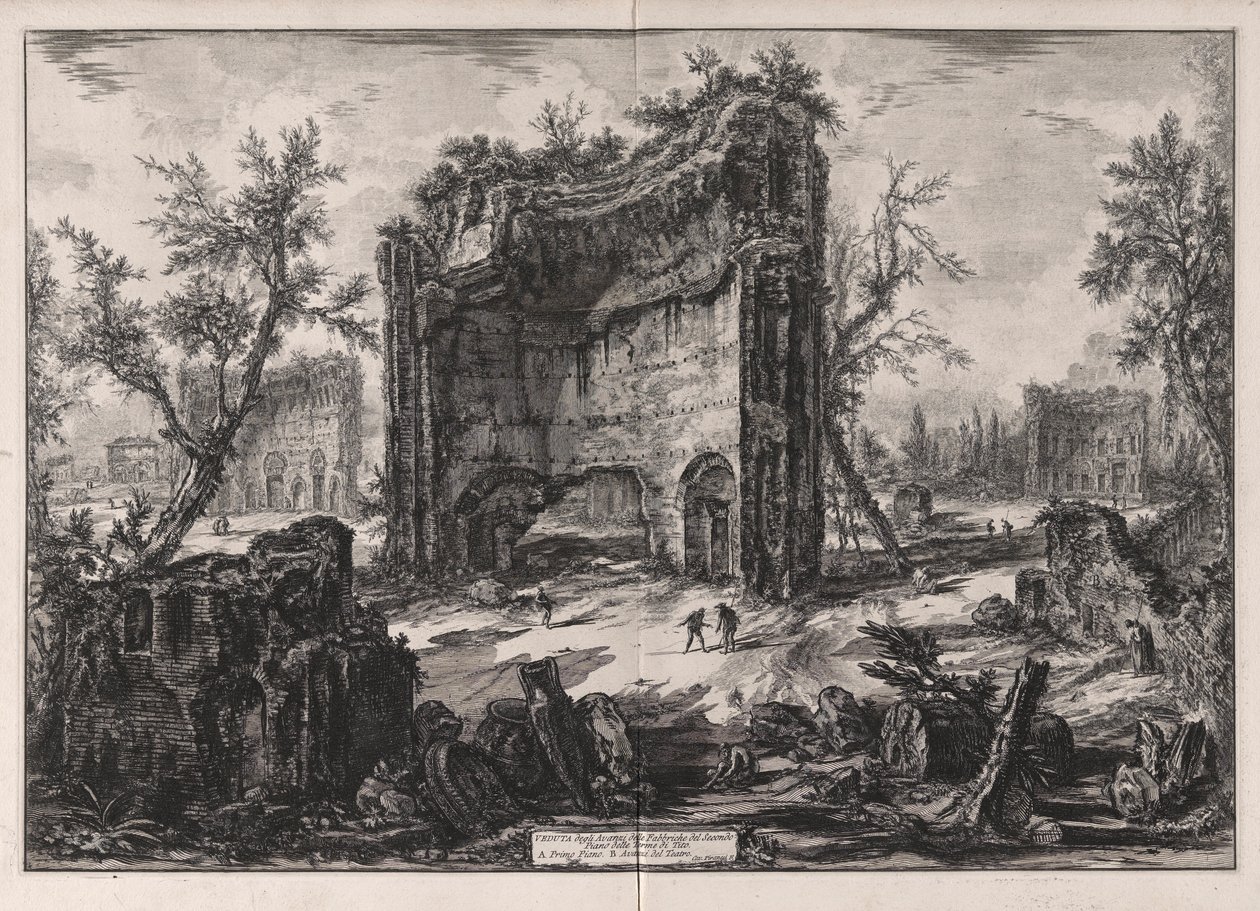 Veduta degli Avanzi delle Fabbriche del Secondo Piano delle Terme di Tito（《提图斯浴场二层建筑遗迹景观》），选自 Vedute di Roma（《罗马景观》）。 作者 乔凡尼·巴蒂斯塔·皮拉涅西