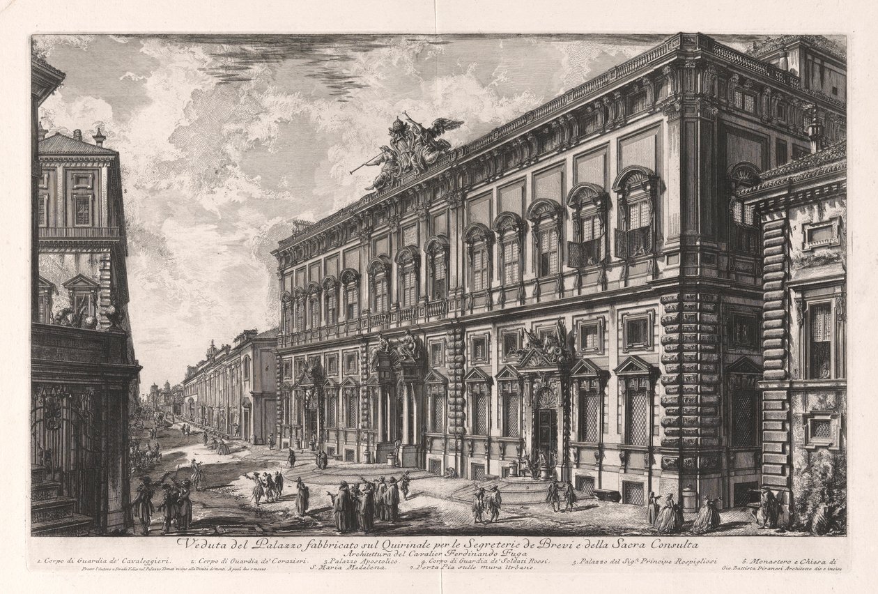 Veduta del Palazzo fabbricato sul Quirinale per le Segreterie de Brevi et della Sacra Consulta（为书简秘书和神圣会议在基里纳尔建造的宫殿景观），选自 Vedute di Roma（《罗马景观》）。 作者 乔凡尼·巴蒂斯塔·皮拉涅西