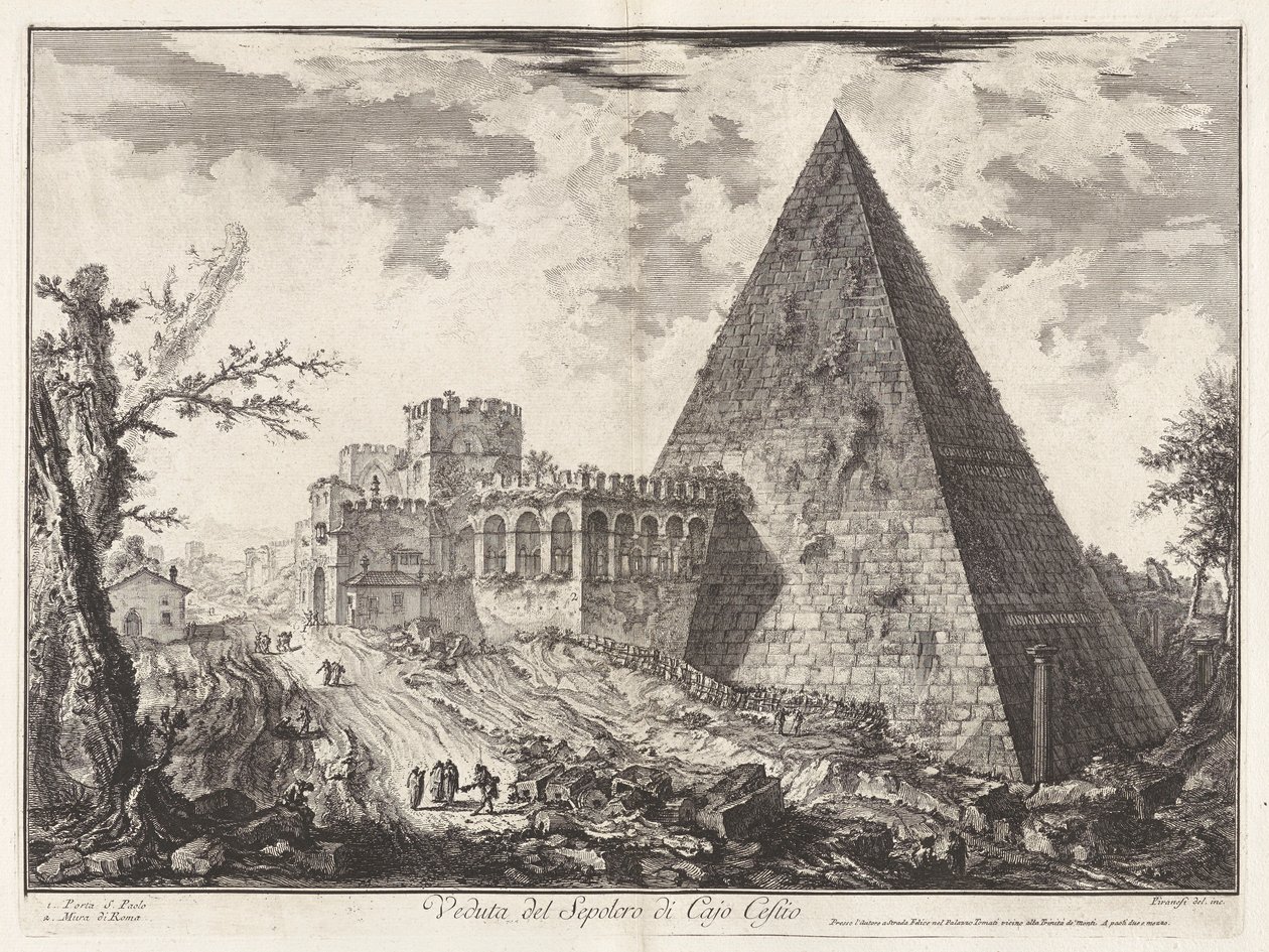 Veduta del Sepolcro di Cajo Cestio（凯厄斯-凯斯提乌斯金字塔陵墓景观[左侧为圣保罗门]），选自《罗马景观》。 作者 乔凡尼·巴蒂斯塔·皮拉涅西
