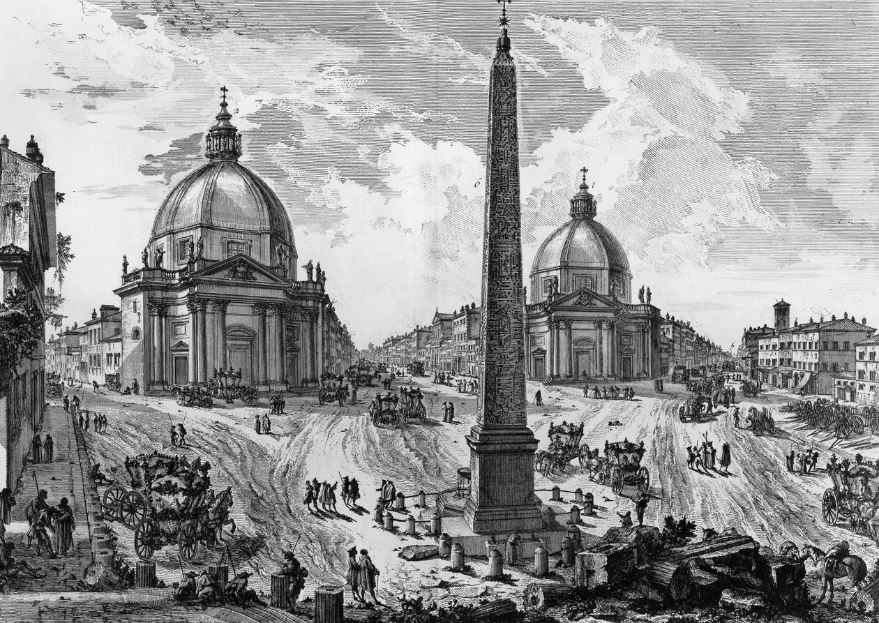 罗马人民广场景观，乔瓦尼·巴蒂斯塔·皮拉内西（Giovanni Battista Piranesi，1720-1778 年）雕刻，来自罗马文物 作者 乔凡尼·巴蒂斯塔·皮拉涅西