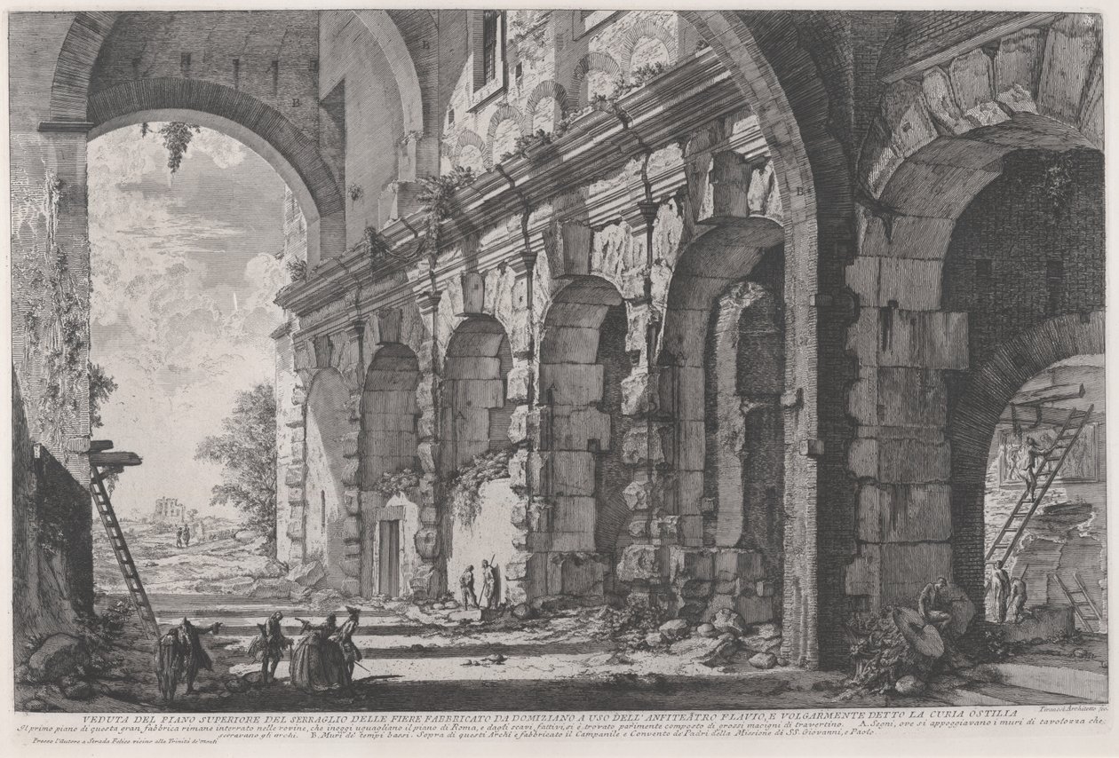 由多米蒂安皇帝（Emperor Domitian）建造的野生动物笼上层的视图，与Flavian露天剧场相关联，通常被称为Curia Hostilia，约1760年-1778年（蚀刻） 作者 乔凡尼·巴蒂斯塔·皮拉涅西