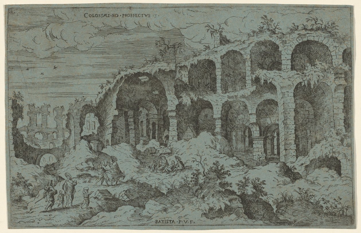 科罗萨伊人。罗。Prospectus.3 (罗马斗兽场的第三景) 作者 Giovanni Battista Pittoni，模仿 Hieronymus Cock