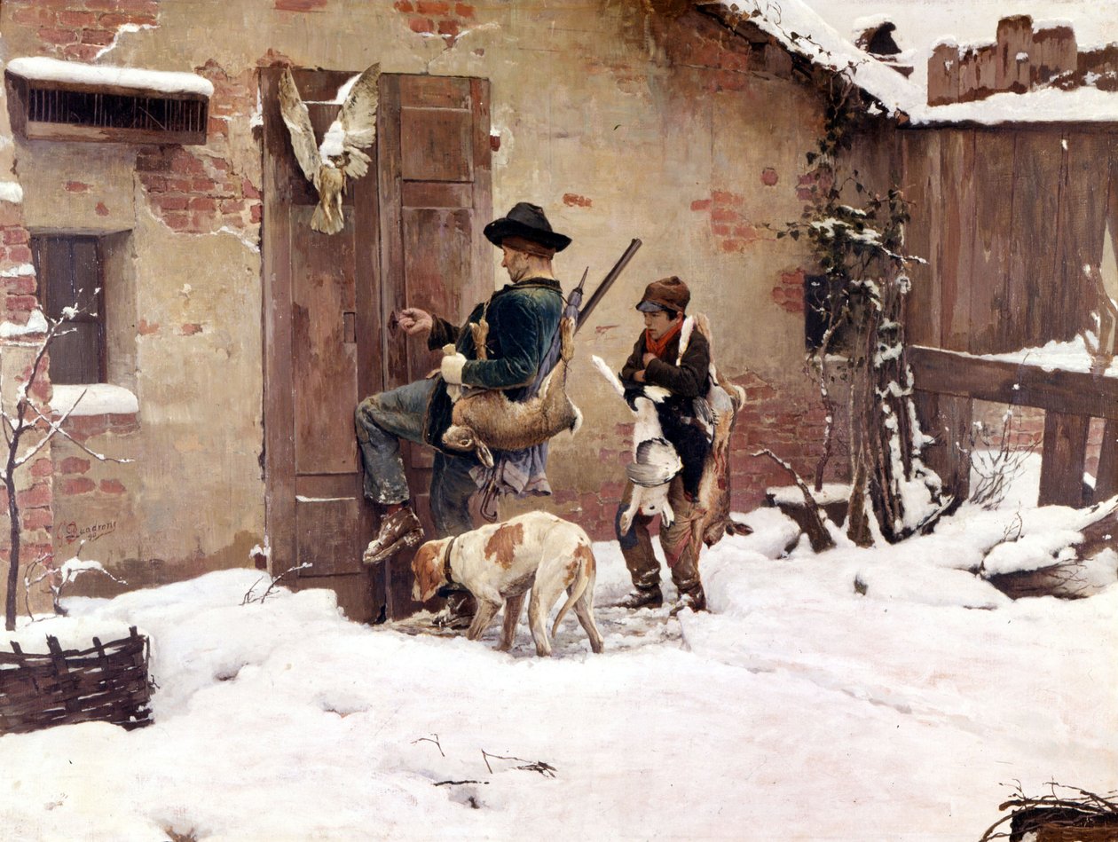 狩猎归来。G.Quadrone 的画作。1890 年米兰 作者 乔凡尼·巴蒂斯塔（Giovanni Battista Quadrone）
