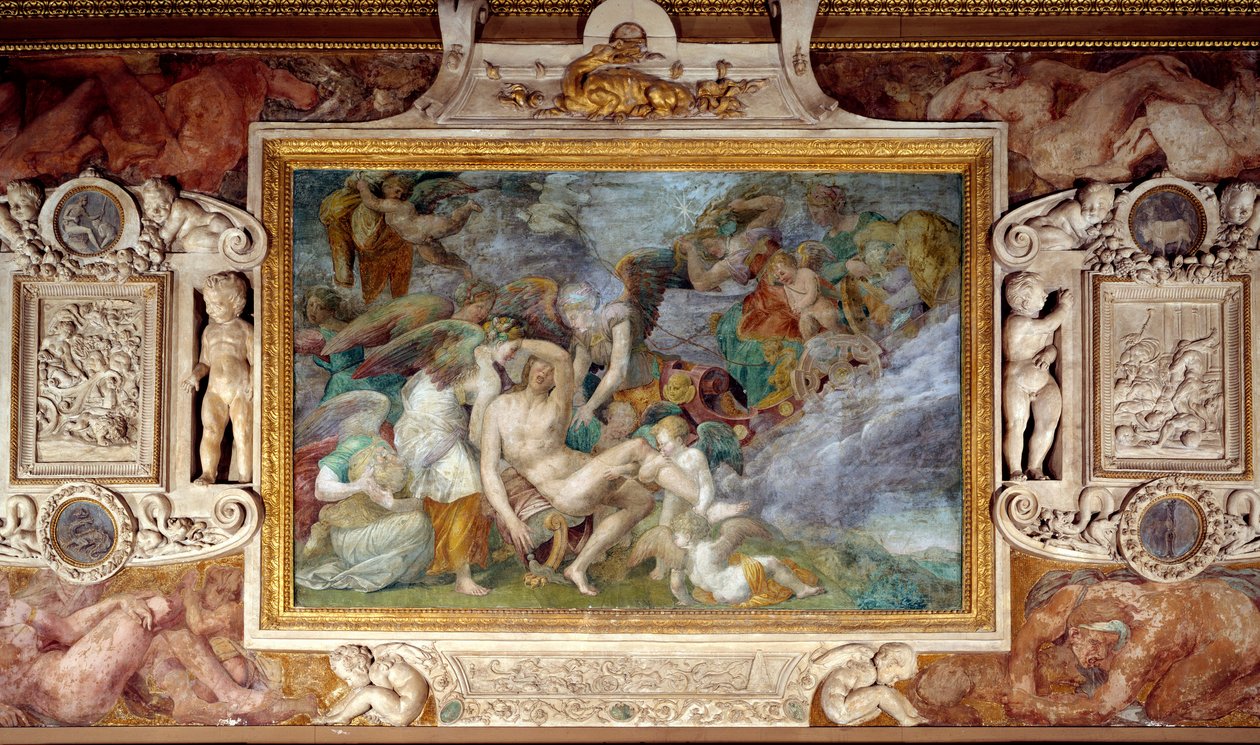 位于枫丹白露城堡的 Galerie Francois I 第五南 travee 的壁画显示了阿多尼斯的死亡。 Giovanni Battista di Jacopo Rosso (1494-1541) 的绘画 作者 乔凡尼·巴蒂斯塔·罗索·菲奥伦蒂诺