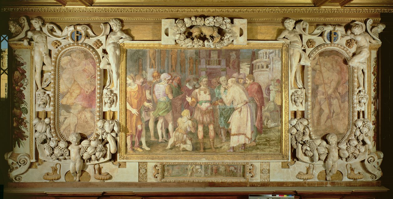 国家的统一，弗朗西斯一世画廊装饰方案的细节，1530-40壁画和灰泥 作者 乔凡尼·巴蒂斯塔·罗索·菲奥伦蒂诺