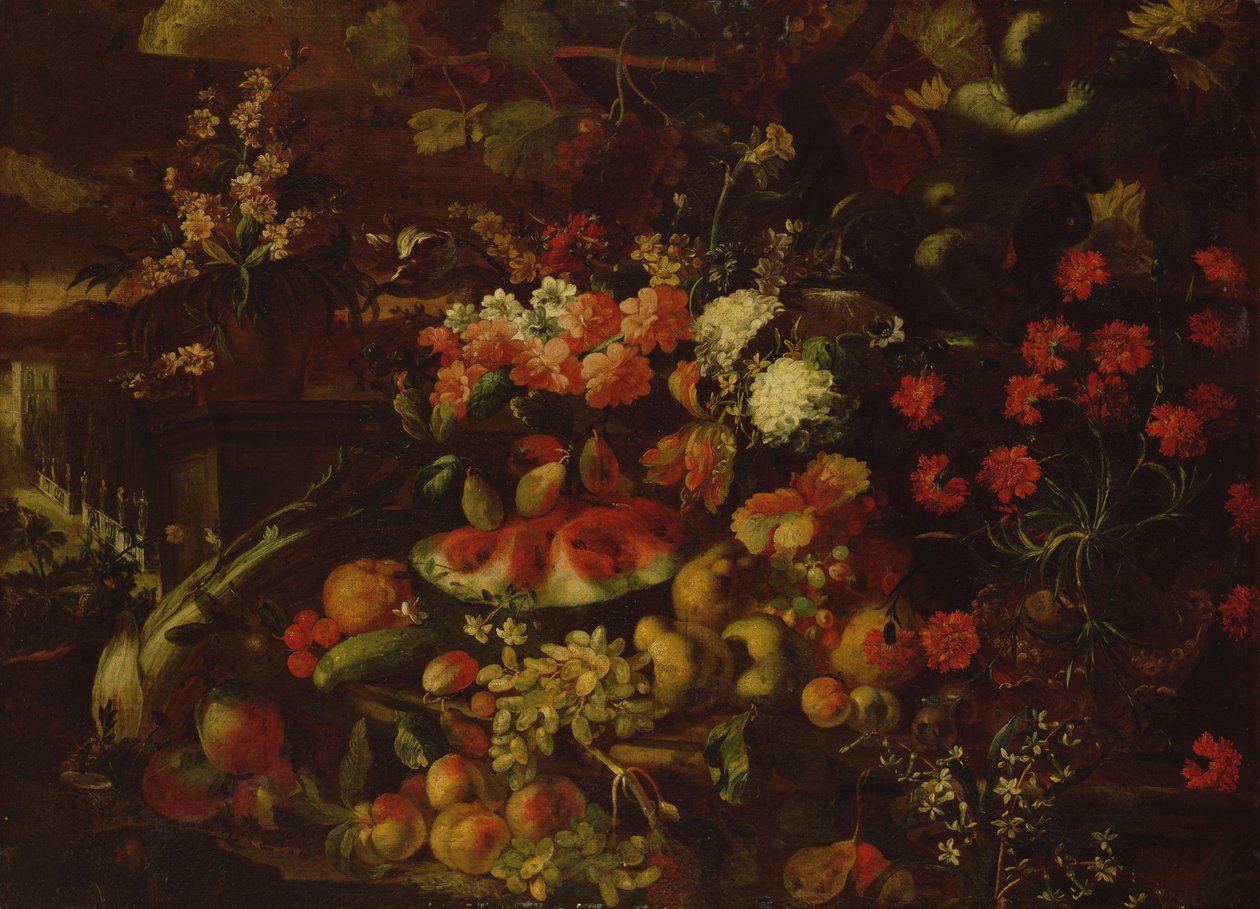 静物与水果，蔬菜和鲜花 作者 乔凡尼·巴蒂斯塔（Giovanni Battista）Ruoppolo或Ruopolo