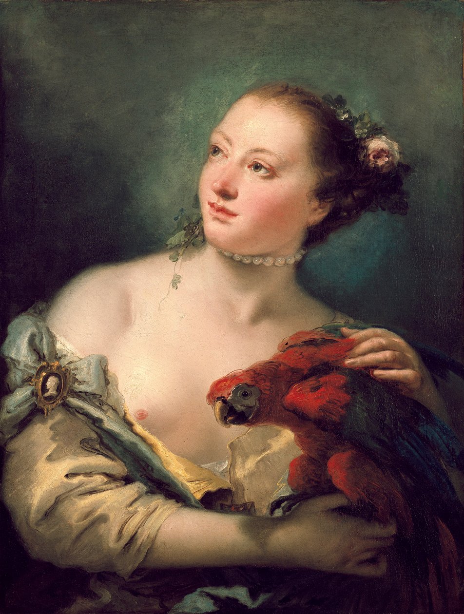 一个年轻女人和一只金刚鹦鹉，1760年底 作者 乔凡尼·巴蒂斯塔·提埃波罗